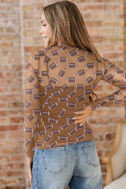 Football Print Mesh Mock Neck Game Day Long Sleeve Top