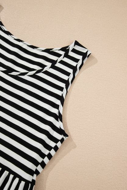 Black White Stripe U-Neck Sleeveless Loose Mini Dress