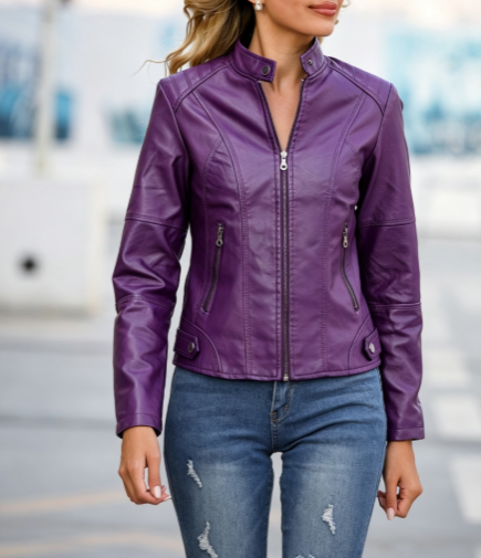 Womens Faux Leather Moto Jacket Zip Up Stand Collar