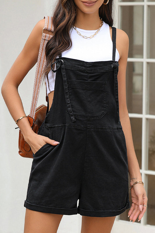 Black Denim Overall Romper with Adjustable Tie Straps