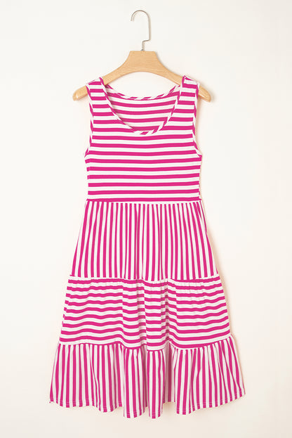 Black White Stripe U-Neck Sleeveless Loose Mini Dress