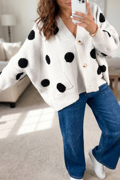 Polka Dot Oversized V Neck Knit Cardigan Sweater