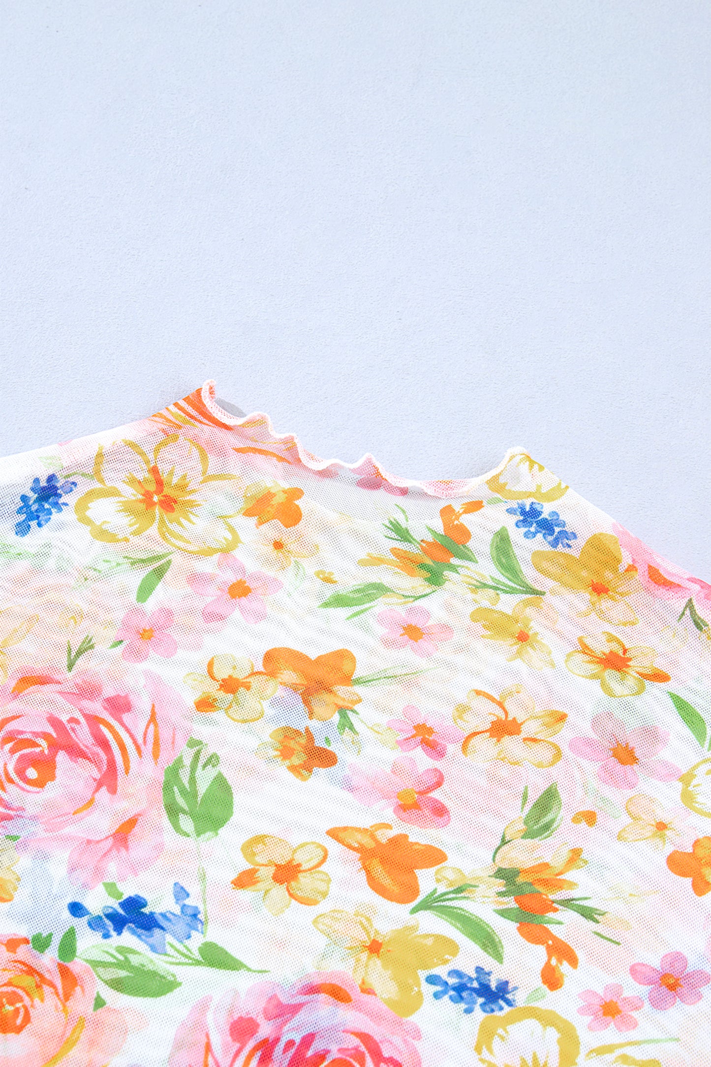 White Lettuce Trim Floral Print Sheer Mesh Long Sleeve Top