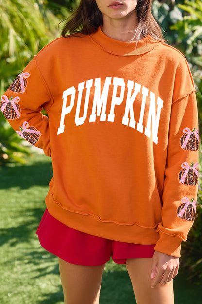 Sequin Pumpkin Bow Graphic Fall Sweatshirt