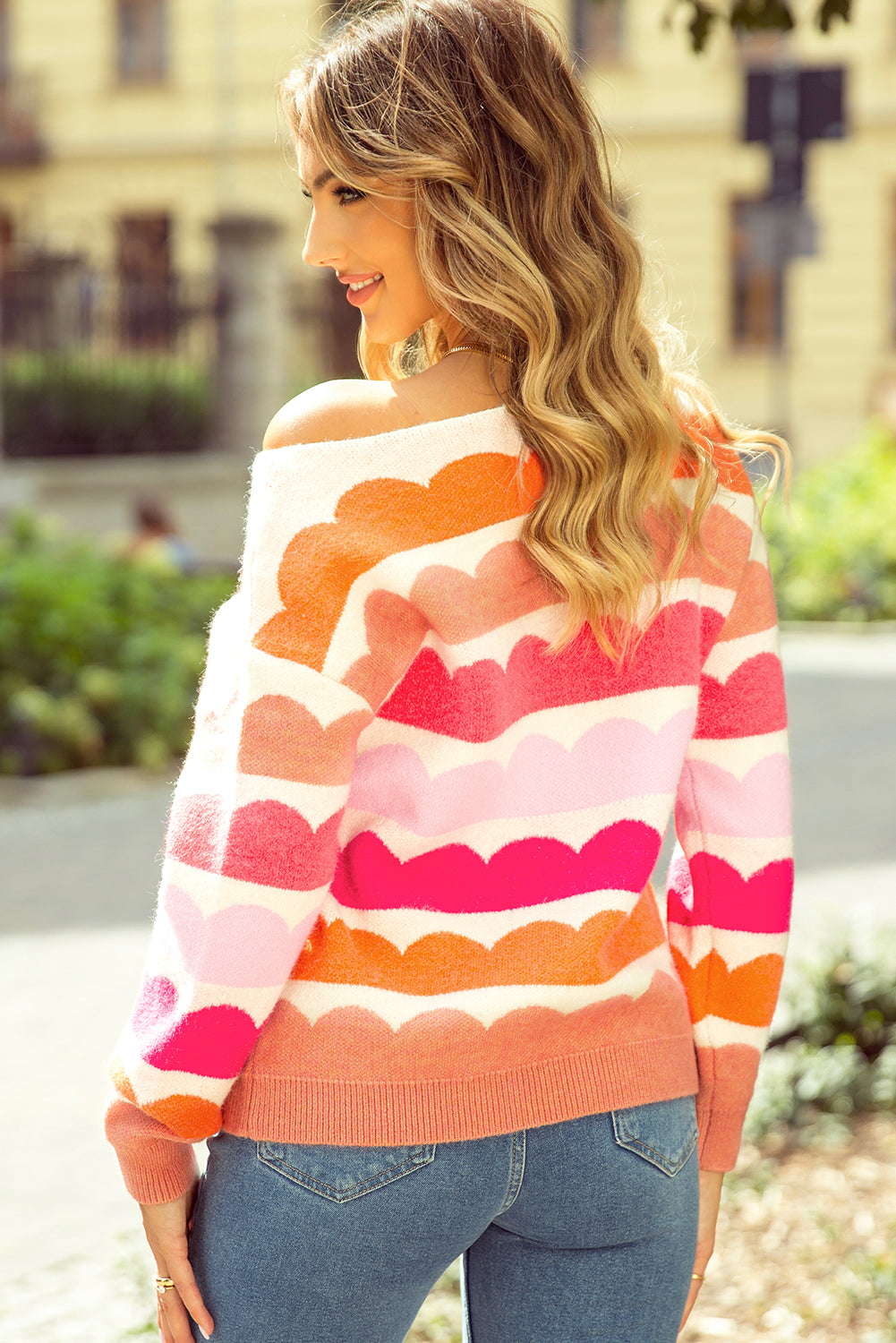 Rose Red Wave Striped Balloon Sleeve Drop Shoulder Sweater