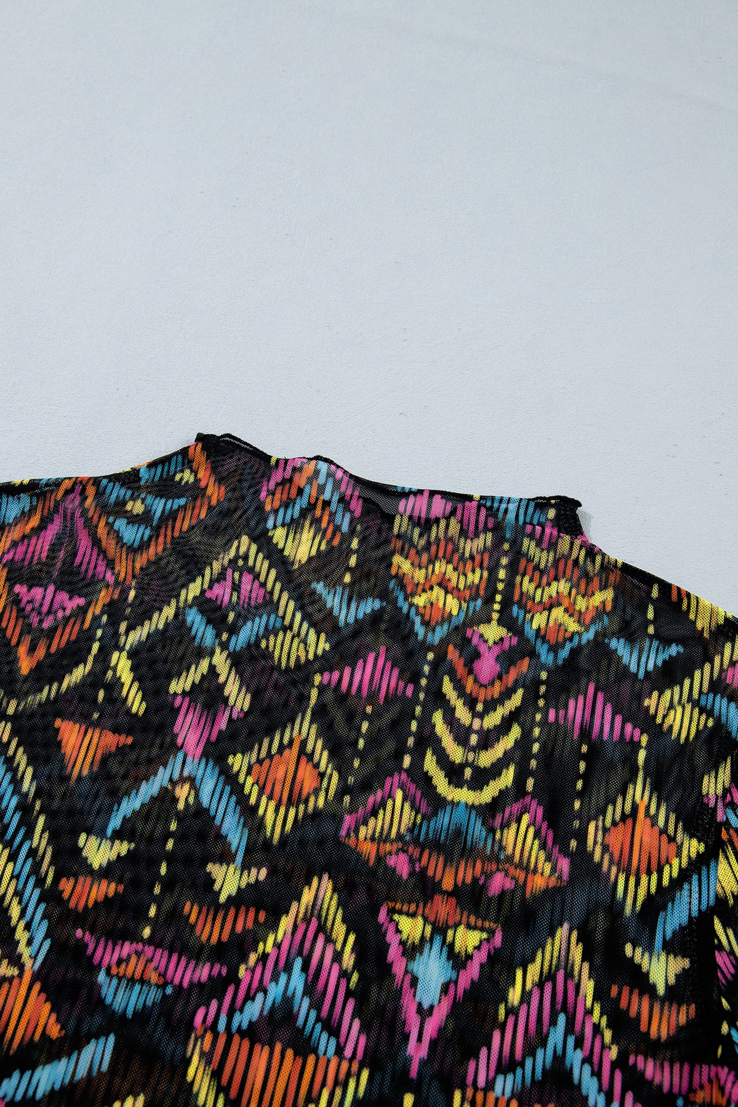 Abstract Print Mock Neck Mesh Long Sleeve Top