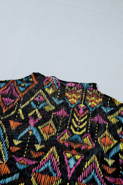 Abstract Print Mock Neck Mesh Long Sleeve Top