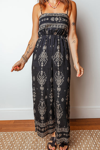 Black Boho Print Spaghetti Strap Wide Leg Jumpsuit