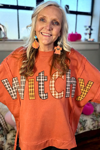 Flamingo Halloween Witchy Plaid Patch Sweatshirt