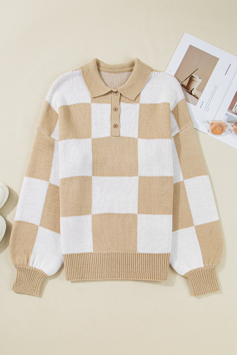 Checkered Polo Collar Loose Knit Sweater