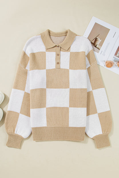 Checkered Polo Collar Loose Knit Sweater