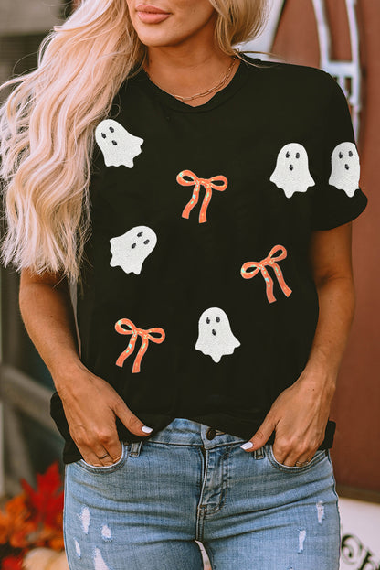 Halloween Ghost Bow Patch Graphic Short Sleeve Tee