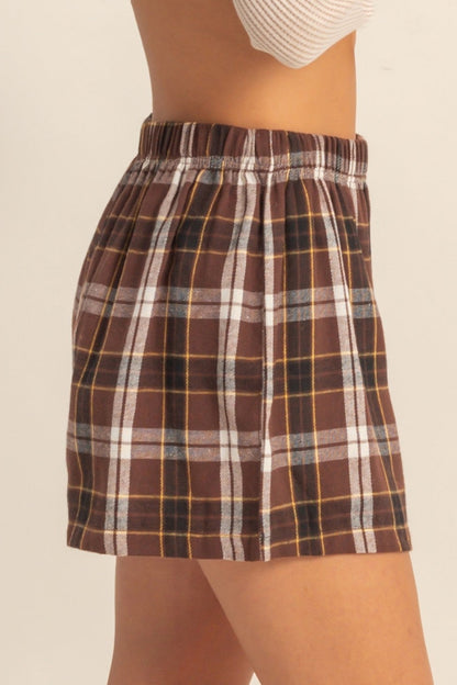 Brown Plaid High Waist Pull On Shorts