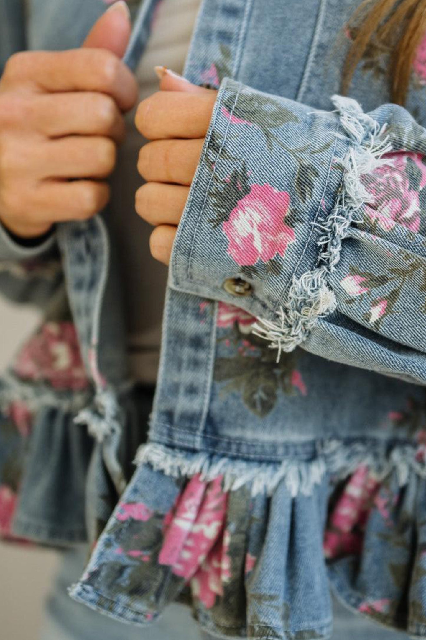 Floral Denim Jacket Ruffle Hem Puff Sleeve Cropped