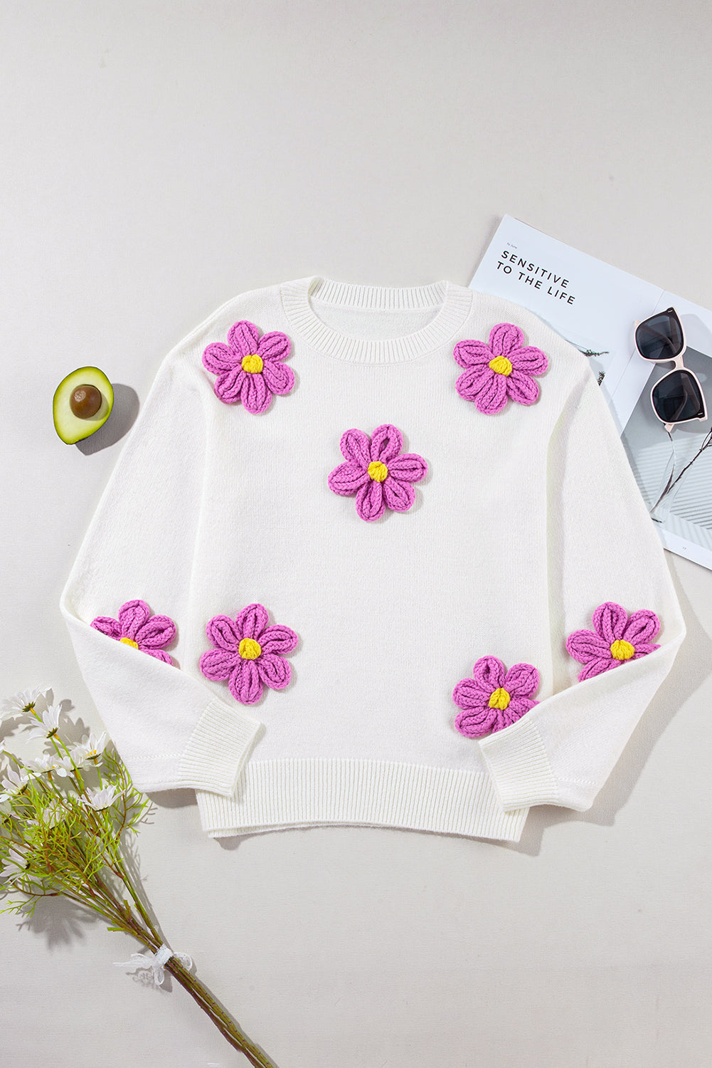 Parchment Floral Crochet Chunky Knit Sweater