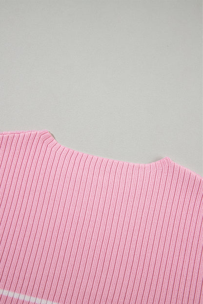 Pink Stripe Ribbed Loose Plus T Shirt