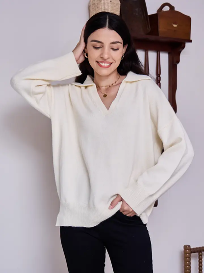 V Neck Collared Knit Sweater Oversized Casual Pullover