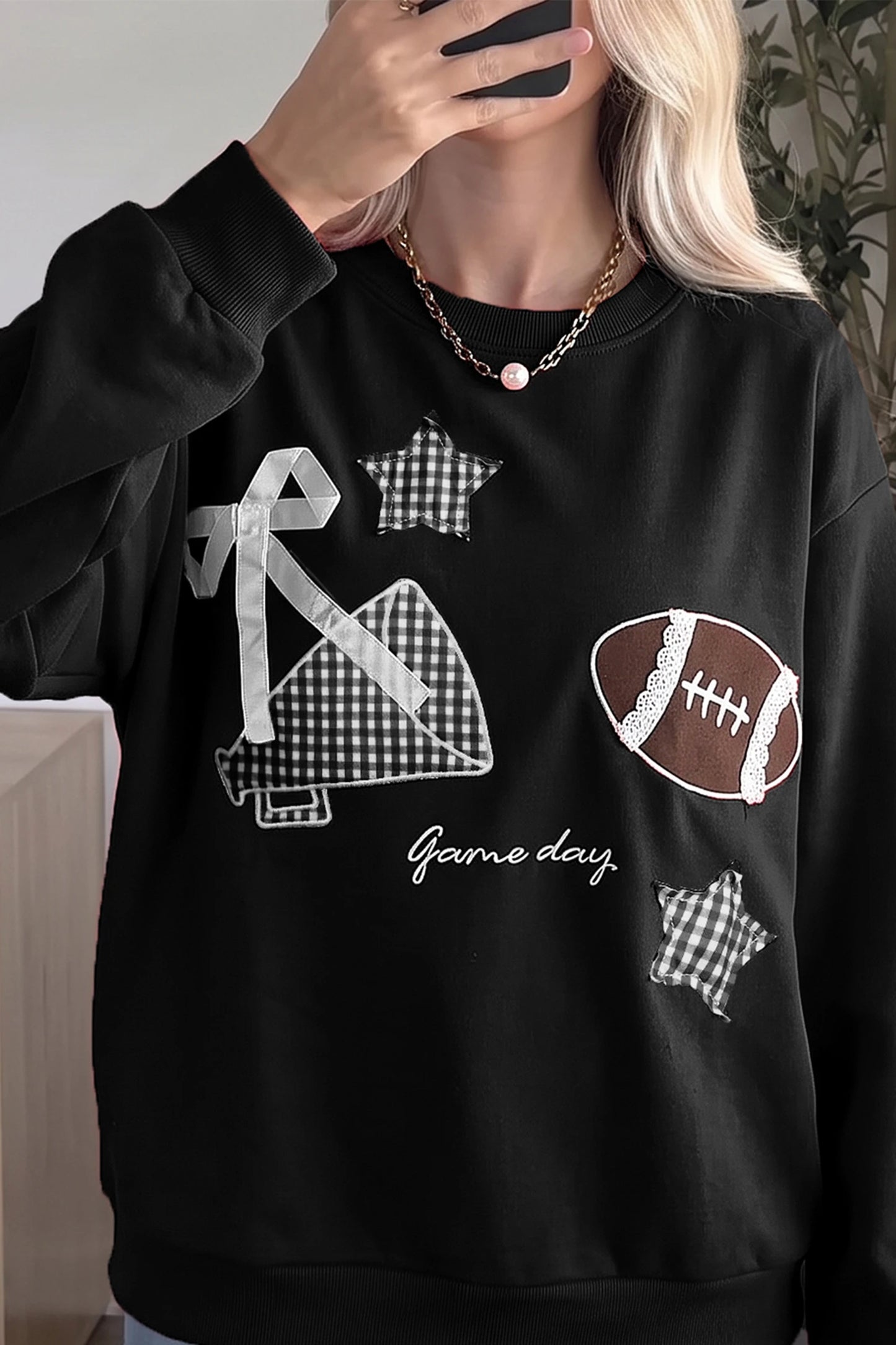 Gingham Patch Football Game Day Crew Neck Sweatshirt