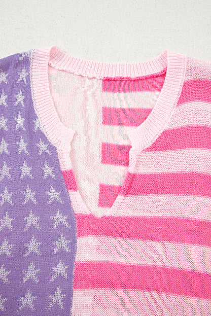 Pink USA Flag Stripe Notched Neck Sweater Vest