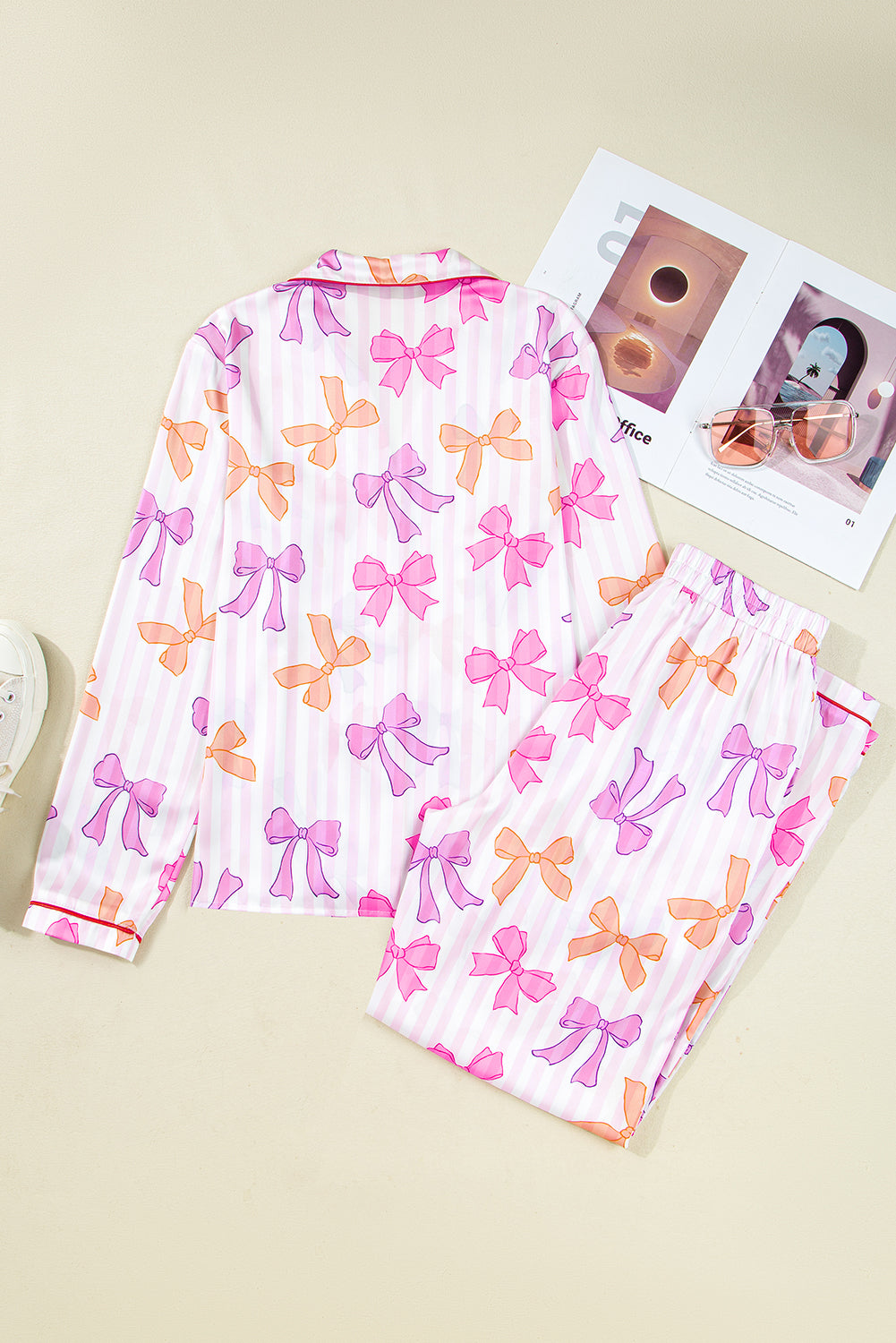 Pink Striped Bow Print Contrast Trim Pajama Set