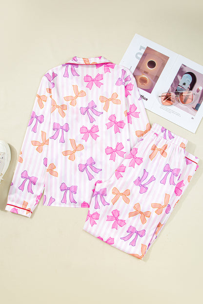 Pink Striped Bow Print Contrast Trim Pajama Set