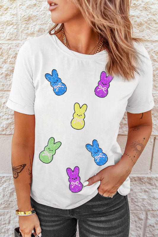 Easter Colorful Sequin Bunny Graphic White Casual Tee