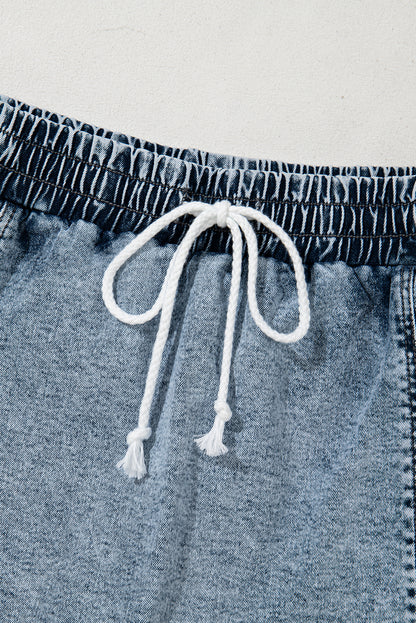 Dusk Blue Denim Skort Elastic Waist Drawstring Shorts