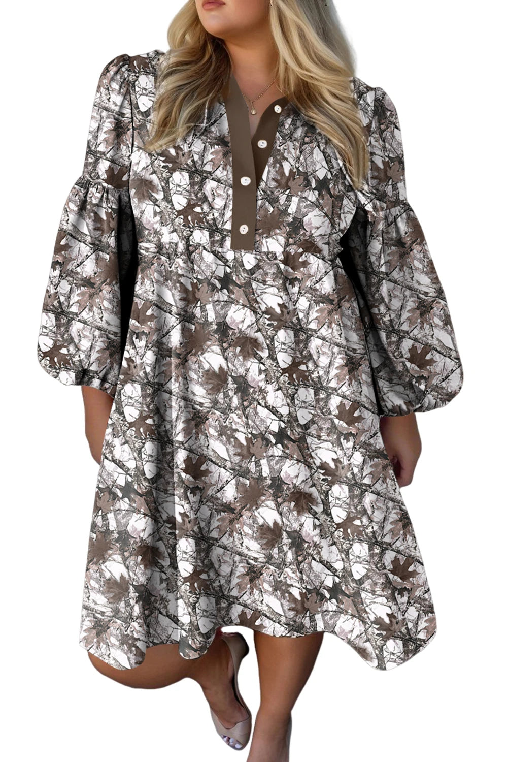 Khaki Plus Size Button V Neck Leopard Print Puff Sleeve Loose Mini Dress