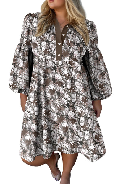 Khaki Plus Size Button V Neck Leopard Print Puff Sleeve Loose Mini Dress