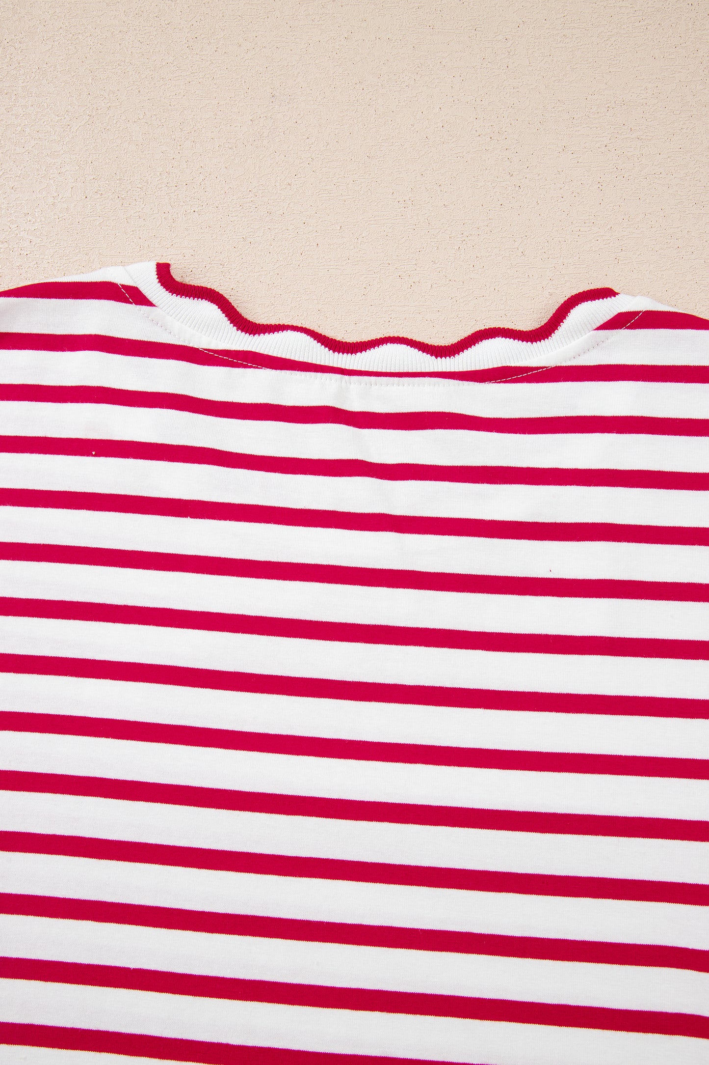 Red Stripe Scalloped Trim Short Sleeve Round Neck Tee