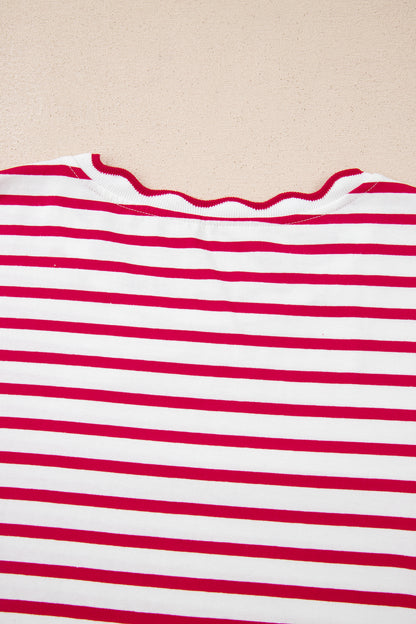 Red Stripe Scalloped Trim Short Sleeve Round Neck Tee