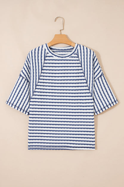 Apricot Stripe Textured Loose Fit Short Sleeve Top