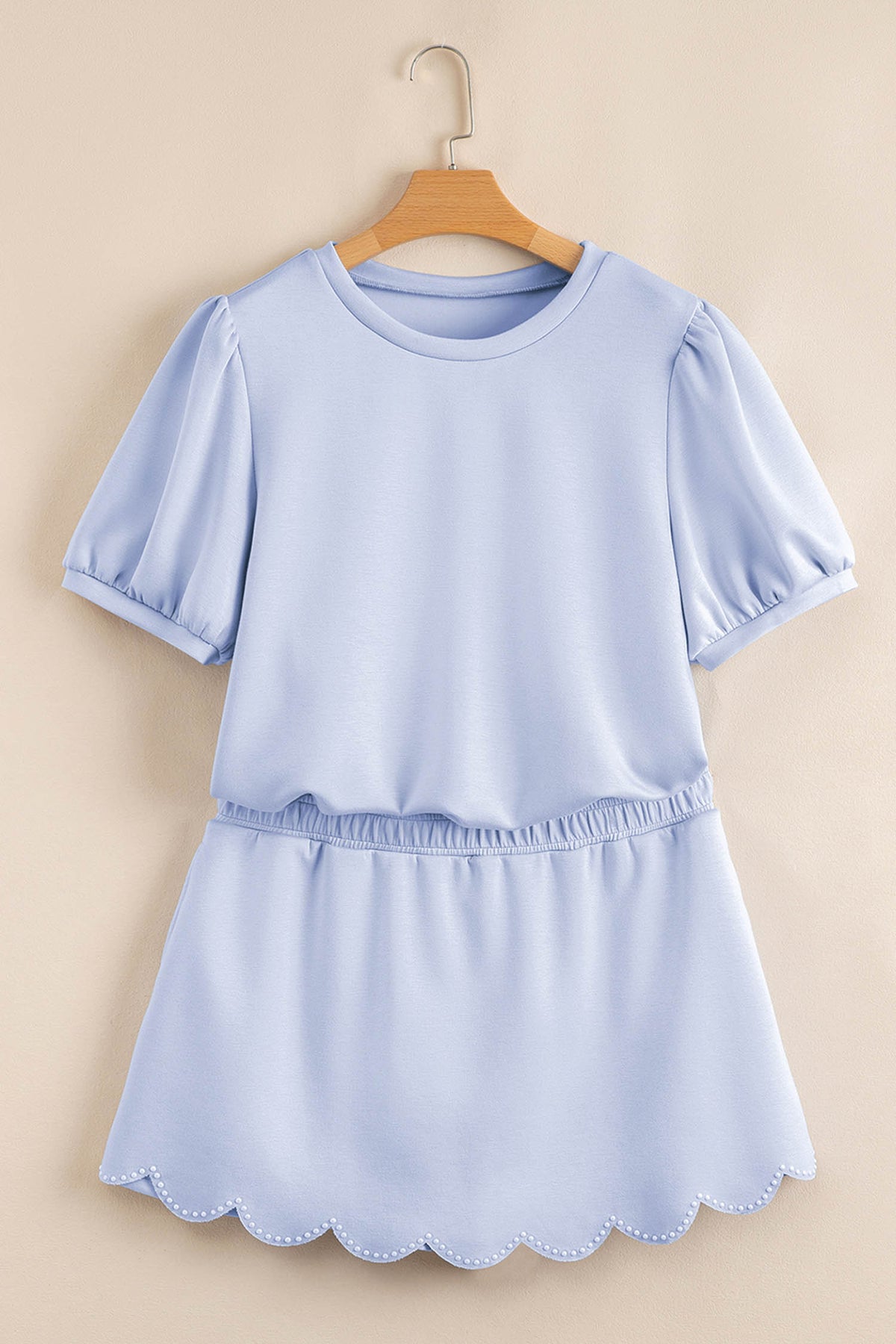 Scalloped Hem Puff Sleeve Lounge Set Casual Two Piece