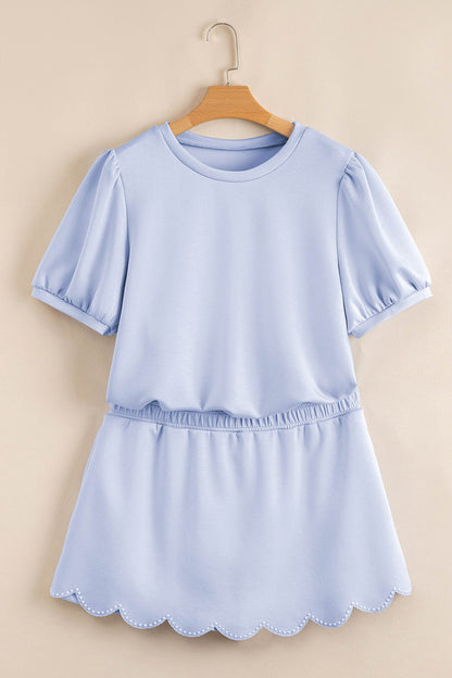 Scalloped Hem Puff Sleeve Lounge Set Casual Two Piece