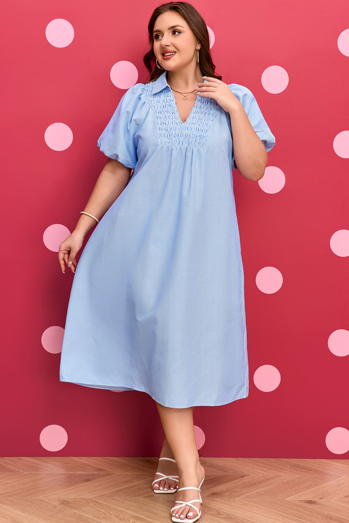 Plus Size Smocked V Neck Midi Dress Stripe Puff Sleeve