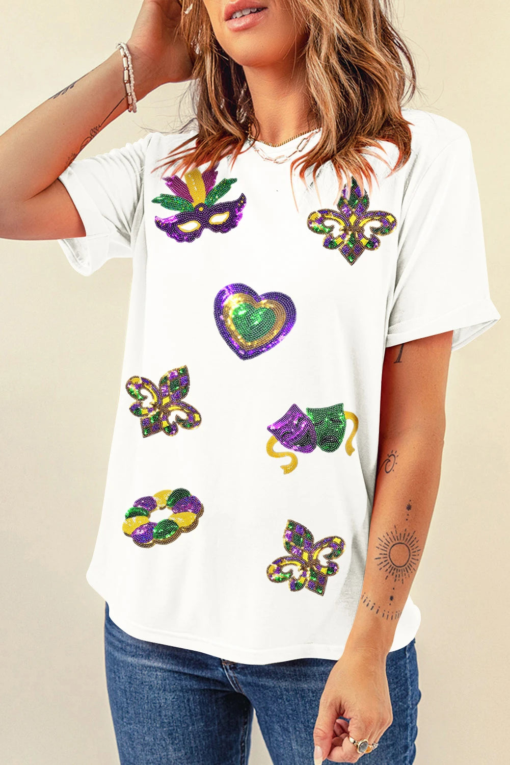 White Mardi Gras Sequin Symbol Graphic Crew Neck Tee