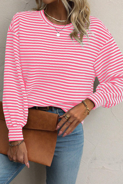 Black Stripe Round Neck Drop Shoulder Long Sleeve Top