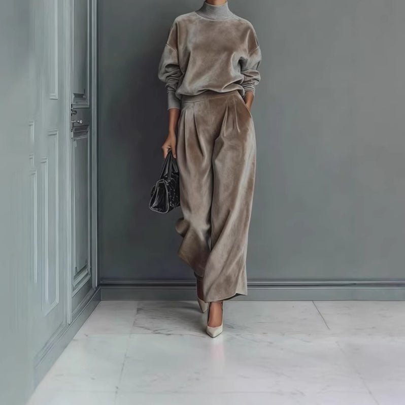 Velvet Mock Neck Wide Leg Pants Two Piece Lounge Set