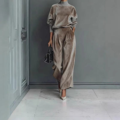 Velvet Mock Neck Wide Leg Pants Two Piece Lounge Set