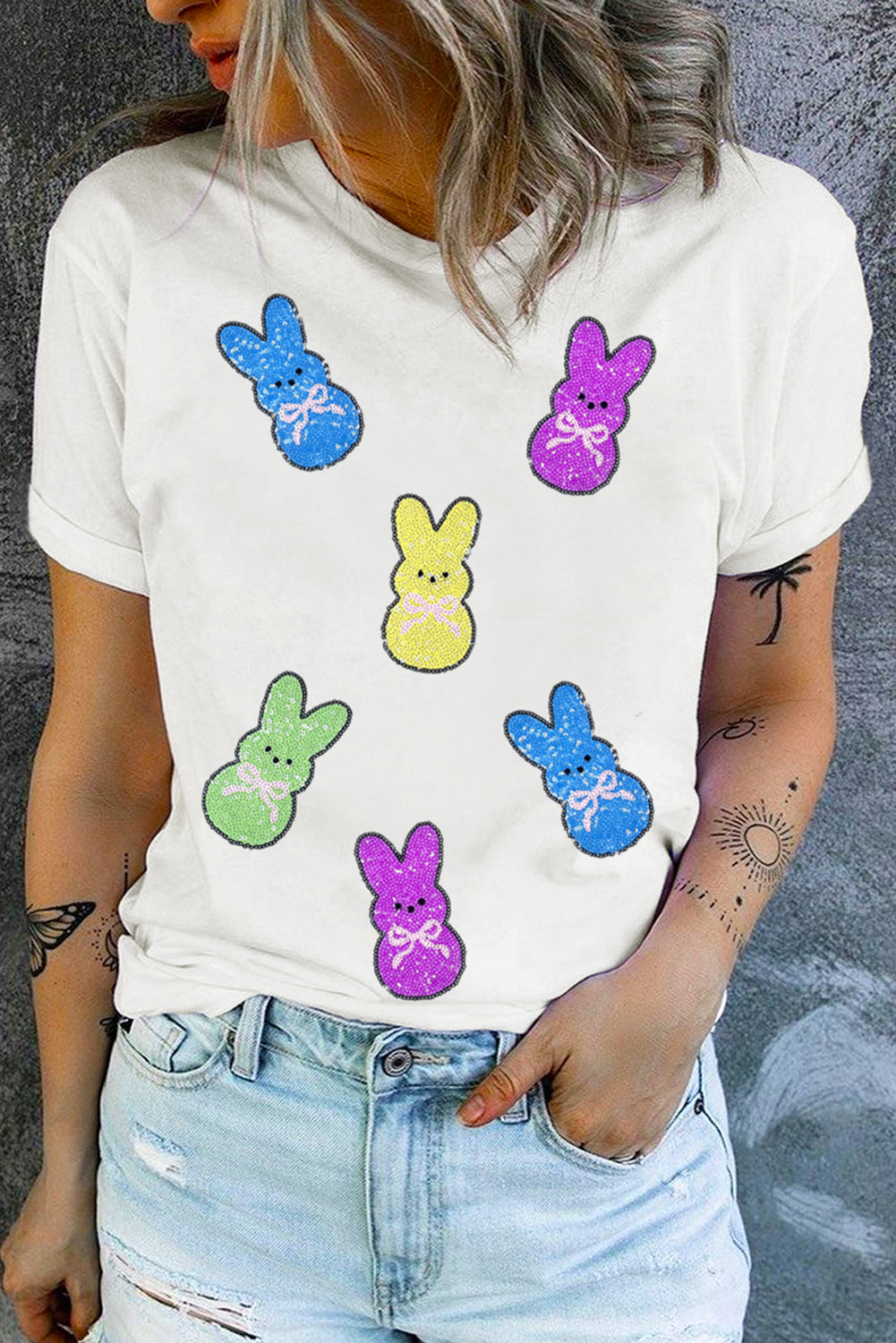 Easter Colorful Sequin Bunny Graphic White Casual Tee
