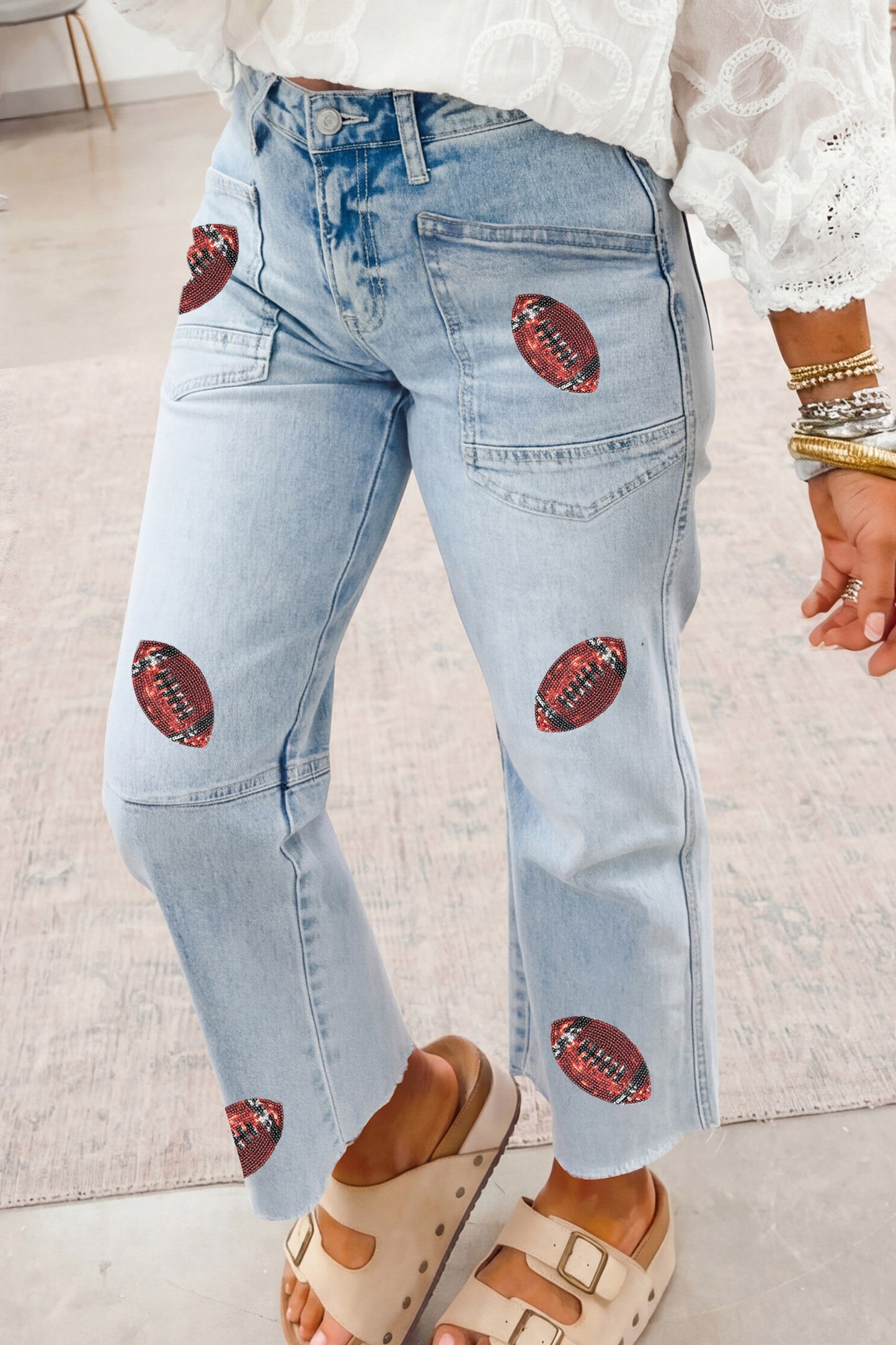 Back to School Gameday Sequin Football Raw Hem Jeans