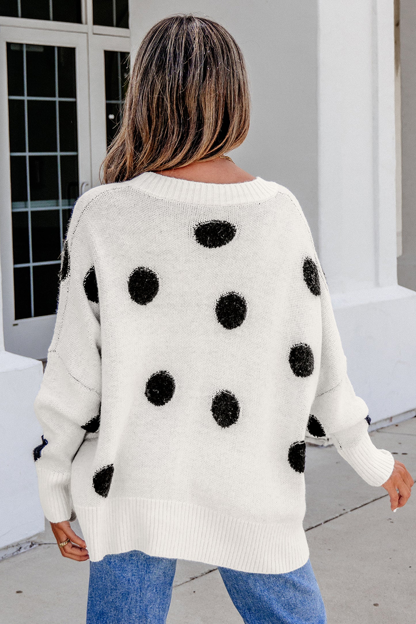 Polka Dot Oversized V Neck Knit Cardigan Sweater