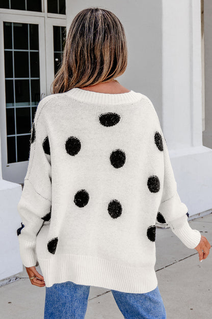 Polka Dot Oversized V Neck Knit Cardigan Sweater