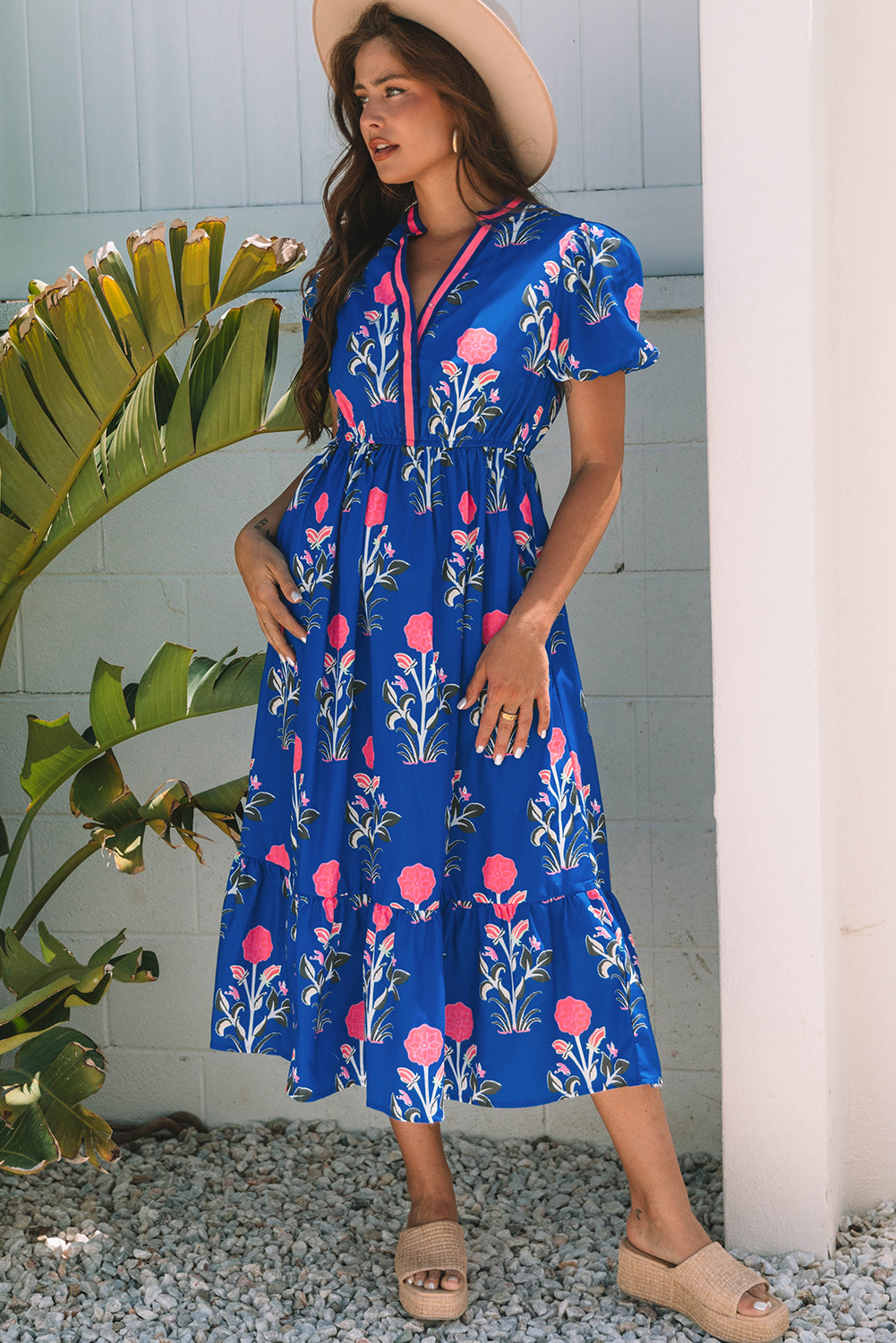 White Floral Contrast Trim V Neck Maxi Dress