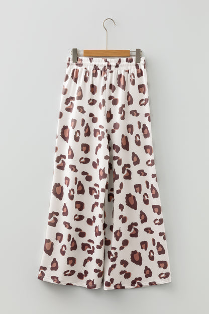 Leopard Print Wide Leg Drawstring Pants with Pockets