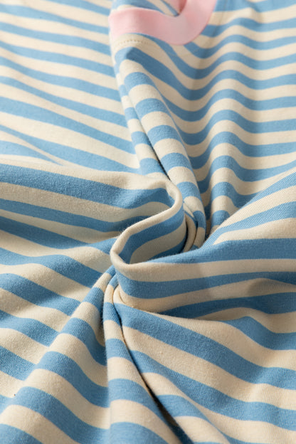 Sky Blue Striped Contrast Neck Drop Shoulder Loose Tee