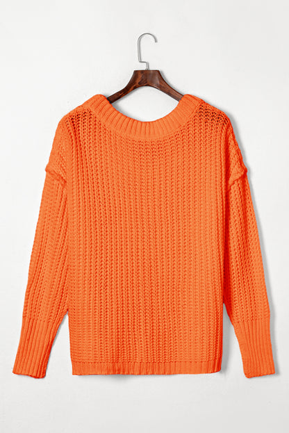 Orange Ribbed Knit Sweater Oversized Wide Neck Pullover