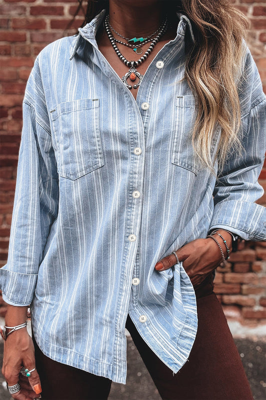 Striped Denim Shacket for Women Button Down Shirt Jacket