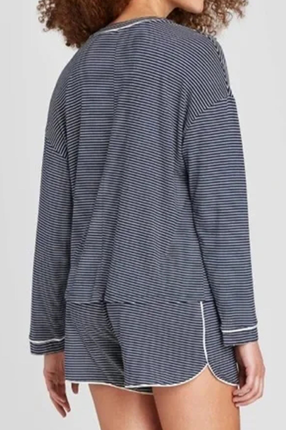 Blue Striped Long Sleeve Top and Buttoned Shorts Lounge Set