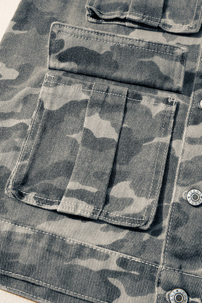 Camo Cargo Button Down Denim Vest with Utility Pockets